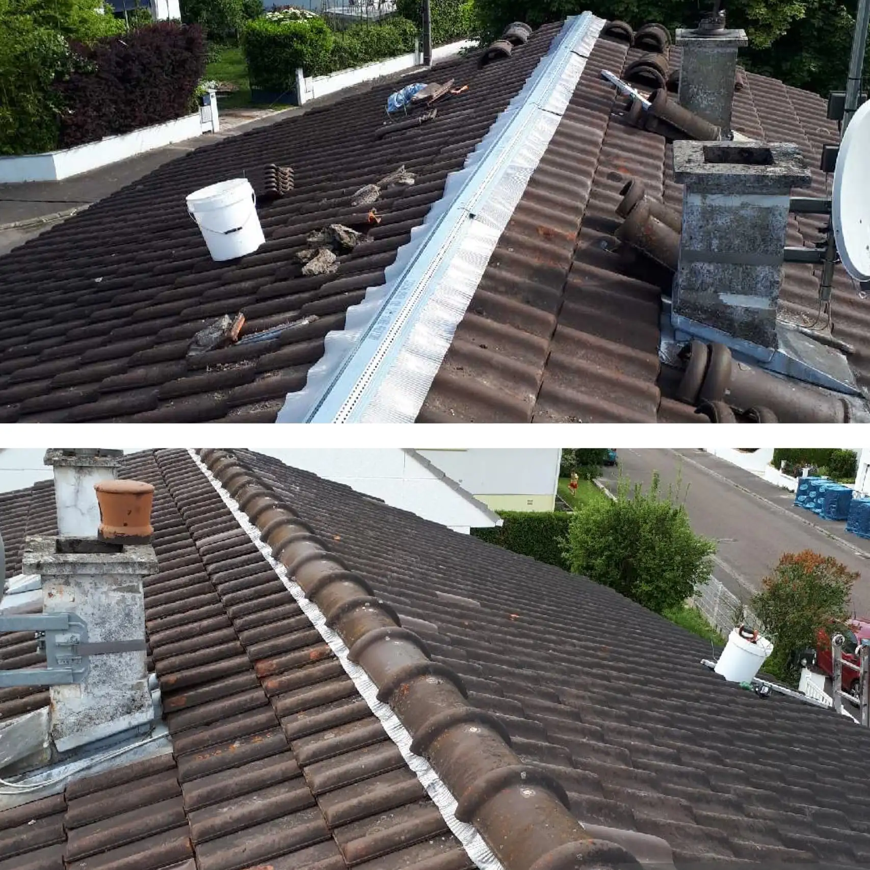 artisans en rénovation de toiture avec nacelle